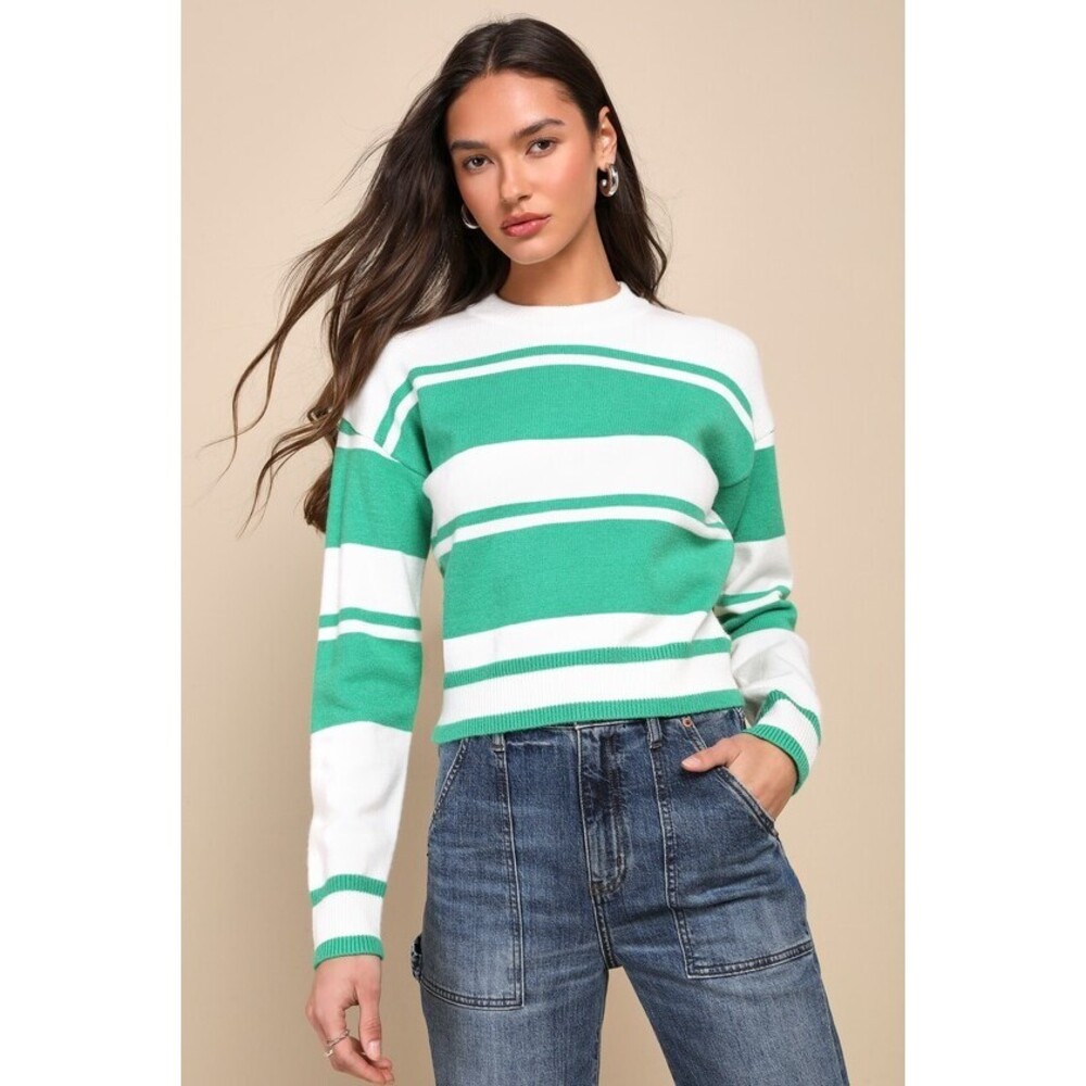 Lulus Vital Style White And Green Striped Crewneck Sweater - Size S